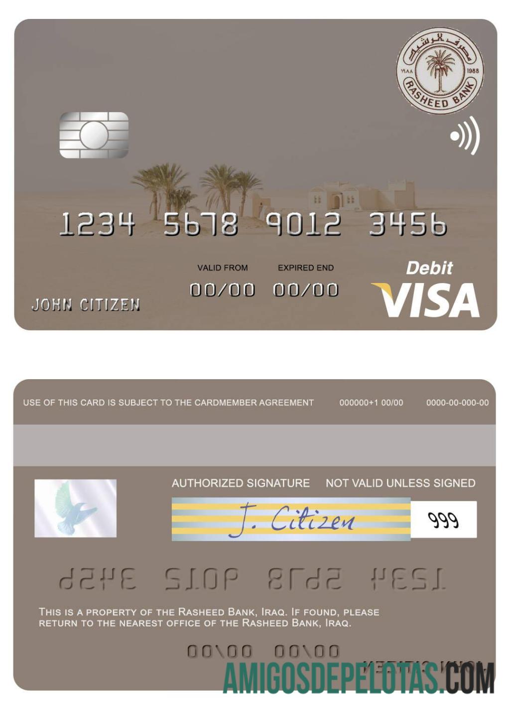 Cartão de débito Visa do Banco Rasheed do Iraque modelo